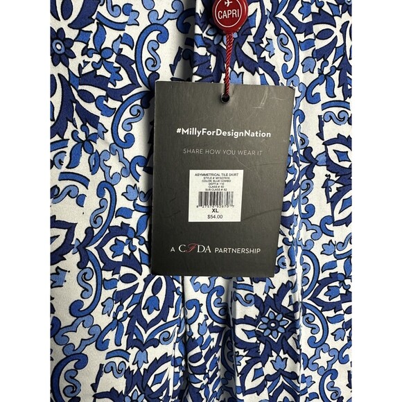 Milly Blue Asymmetrical Tile Skirt Womans Size XL Pleated Floral Paisley Print - Picture 8 of 9